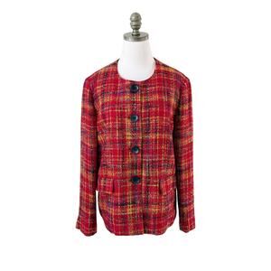 Vintage 90s N Touch Red Plaid Tweed Blazer/Top Women's M/L Button Up Crew Neck